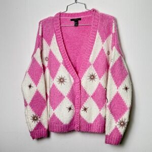 Forever 21 Pink White Argyle Star Embroidered‎ Knit V Neck Cardigan Sweater S